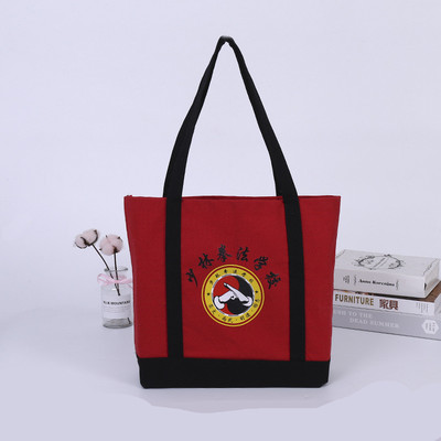 红色印花束口帆布袋定制手提帆布购物袋